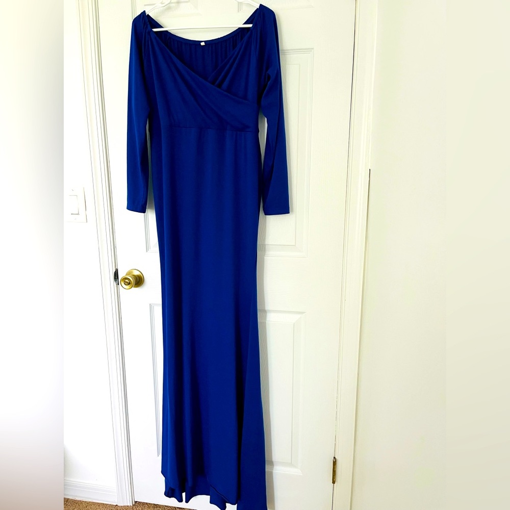 Women’s full length dark blue formal maternity gown
